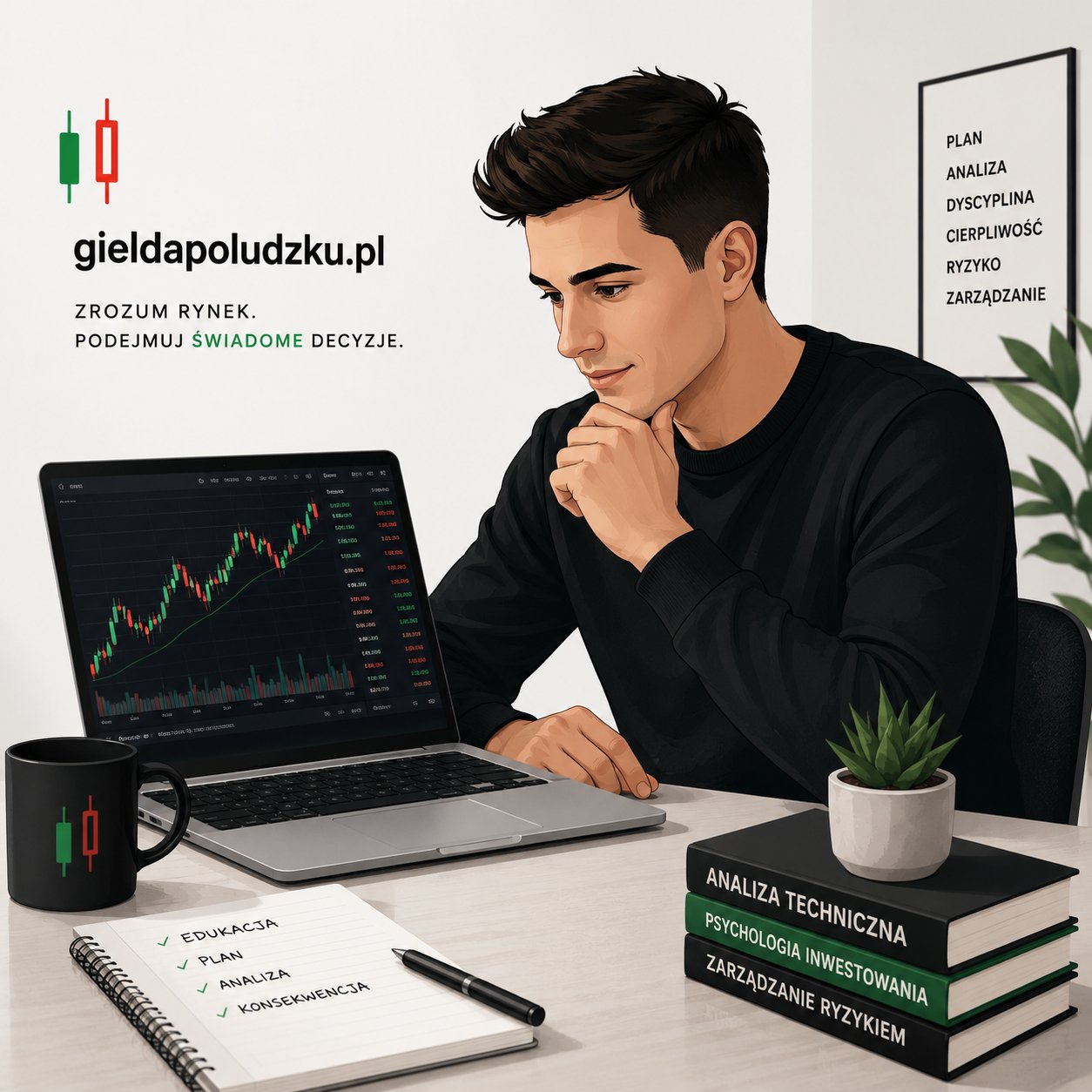 Osoba analizująca wykresy giełdowe – materiał edukacyjny